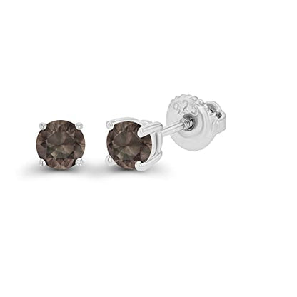 14K Gold Plated 925 Sterling Silver Hypoallergenic 4mm Round Genuine Birthstone Solitaire Screwback Stud Earrings - color: Smokey Quartz