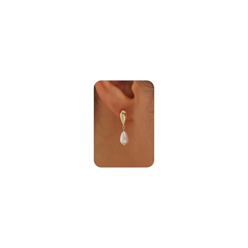 Plenky Pearl Earrings-14K Gold Plated Dainty Pearl Drop Simple Wedding CZ Dangle Dangling Cute Stud Earrings for Brides Earrings for Women Gifts - style: Teardrop Pearl Earrings