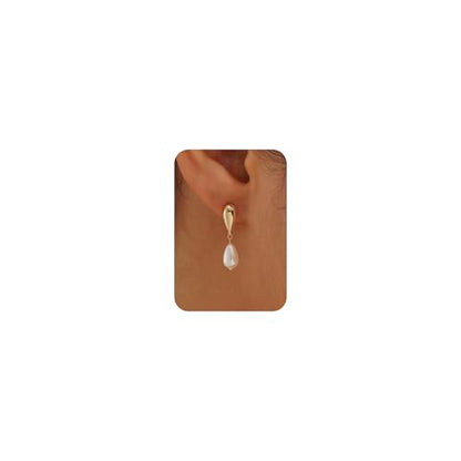 Plenky Pearl Earrings-14K Gold Plated Dainty Pearl Drop Simple Wedding CZ Dangle Dangling Cute Stud Earrings for Brides Earrings for Women Gifts - style: Teardrop Pearl Earrings