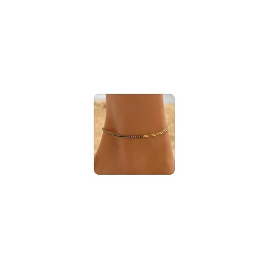 Gold Ankle for Women 18K Gold Plated Tennis Sapphire Paperclip Pearl Sequin Droplet Lip Link Chain Large Anklet Bracelets Simple Beach Summer Waterproof Foot Jewelry - color: Sapphire Paperclip-Gold