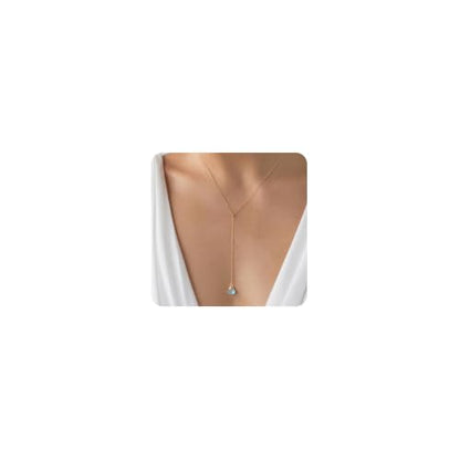 Lariat Necklace for Women Dainty Gold Long Crystal Drop Y-Shaped Necklace | 14k Gold Plated Crystal Drop Necklace Trendy Non Tarnish Simple Gold Jewelry For Wedding, Prom, Daily - color: Aquamarine
