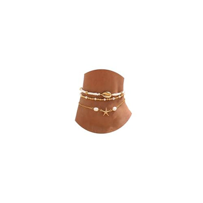 Fesciory Shell Ankle Bracelets for Women, Gold Plated Boho Beach Anklet Set | Adjustable Pearl Bead Anklet Set with Starfish, Conch and Seashell Charms for Beach Outfits, Vacations, Parties and Gifts - color: Gold-2