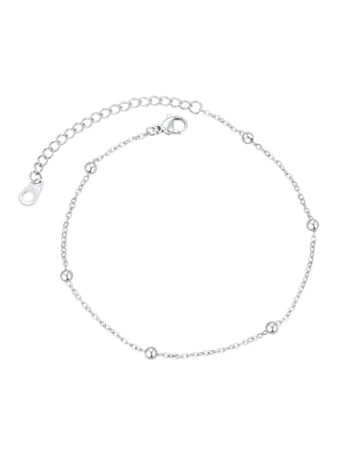 FindChic Stainless Steel Ankle Bracelets for Women, Waterproof Figaro/Cuban/Box/Beaded Chain Anklets, Summer Beach Foot Jewelry, 8.5''-10.5'' Adjustable Length, with Gift Box - style: Ideal Beaded Chain-Silver