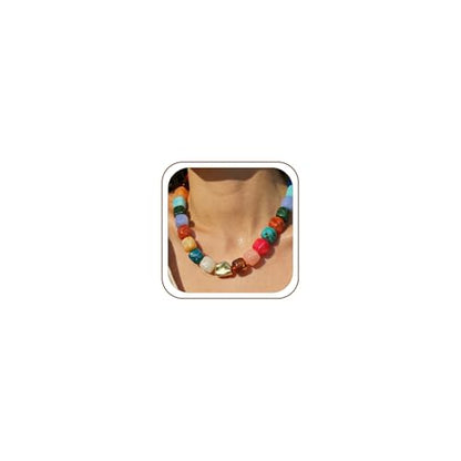 Rainbow Beaded Necklace for Women - Boho Necklaces Chunky Necklace for Summer Vacation Jewelry, Colorful Seed Bead Choker Statement Necklace - color: Thicker B