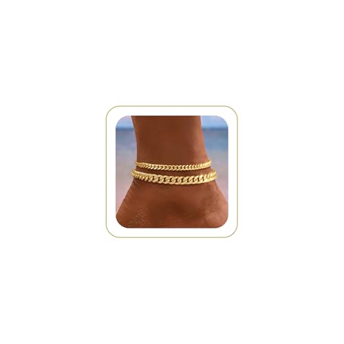 Ankle Bracelets for Women Waterproof 14K Gold/Silver Plated Chain Anklets | Trendy Gold Anklets,Layered 14K Gold Plated Stackable Chunky Cuban Link Chain Anklet Bracelet Set,Summer Beach Jewelry Gift - color: 2 cuban-gd