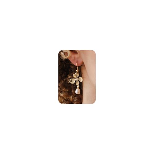 Plenky Pearl Earrings-14K Gold Plated Dainty Pearl Drop Simple Wedding CZ Dangle Dangling Cute Stud Earrings for Brides Earrings for Women Gifts - style: Pearl Flower Earrings