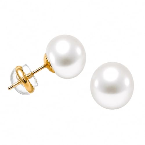 Pearl Earrings Hypoallergenic, Handpicked 18K Gold Plated Sterling Silver | Freshwater Cultured Pearl Stud Earrings Flat Back for Sensitive Ears, 8-14mm, Nickel Free, Non Tarnish Gift Pouch - size: 12mm
