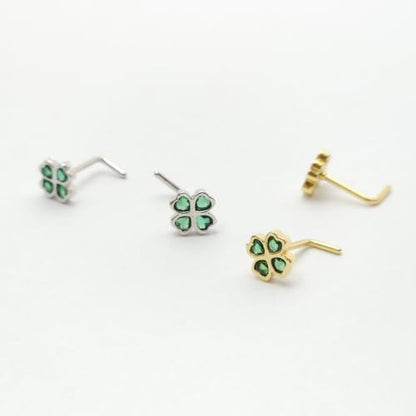 2Pcs 20G CZ Four Leaf Clover Nose Studs Rings for Women Gold Silver L-Shaped Surgical Steel Nose Stud Ring ST Patricks Day Nose Nostril Piercing Jewelry - color: Gold