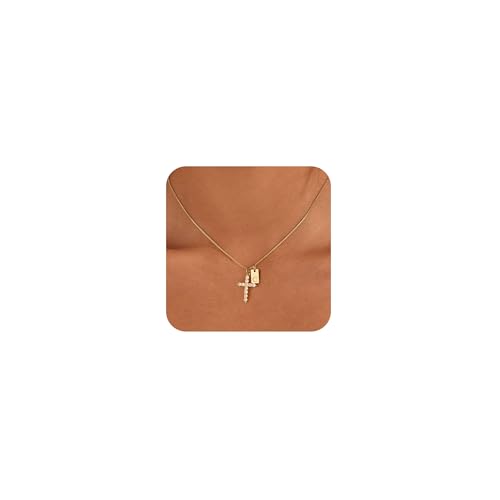 Cross Initial Necklace for Women Non Tarnish 18K Gold Plated Initial Letter A-Z Pendant Necklaces with Cubic Zirconia Cross Christian Faith Necklace Jewelry Gifts for Women - color: C