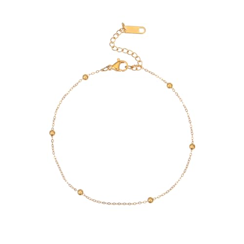 Dainty Ankle Bracelets for Women 18K Gold Plated Waterproof | Satellite Beaded Herringbone Lip Chain Anklets Simple Minimalist Summer Beach Foot Jewelry, Gift Box Included - color: Bead Chain -Gold