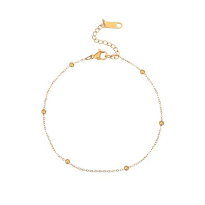 Dainty Ankle Bracelets for Women 18K Gold Plated Waterproof | Satellite Beaded Herringbone Lip Chain Anklets Simple Minimalist Summer Beach Foot Jewelry, Gift Box Included - color: Bead Chain -Gold