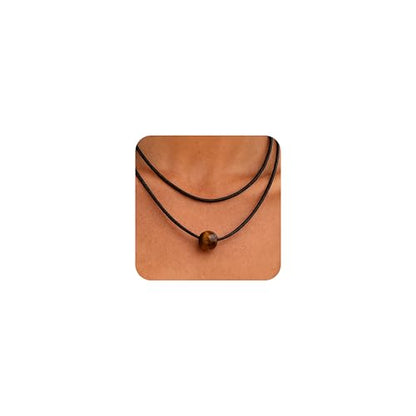 Tiger Eye Brown Wooden Beaded Layered Pendant Necklace for Women Men, Healing Crystal Natural Stone Blessing Women Necklaces Protection Fashion Jewelry Gift - color: Black Brown