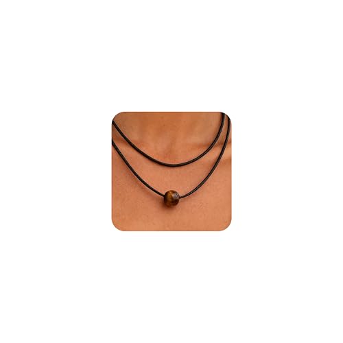 Tiger Eye Brown Wooden Beaded Layered Pendant Necklace for Women Men, Healing Crystal Natural Stone Blessing Women Necklaces Protection Fashion Jewelry Gift - color: Black Brown