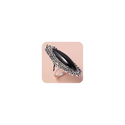 Black Retro Marcasite Rings for Women, 925 Silver Plated Fashion Cocktail Statement Rings Costume Vintage Crystal Big Onyx Stone Rings Turkish Style Black Gemstone Jewelry for Her Size 10# - size: 10#