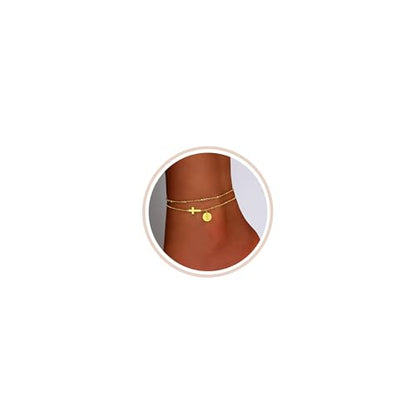 Gold Cross Ankle Bracelets for Women | Anklets for Women Waterproof with Initial Charm (A-Z) | Non Tarnish Summer Beach Jewelry Gifts for Her - color: Gold E