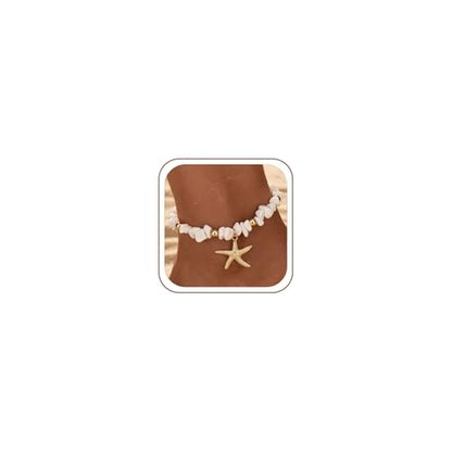 Starfish Shell Anklets for Women，Gold Plated Boho Jewelry Anklet Jewelry Set，With Pearls, Starfishs and shells ，Adjustable Summer Beach Jewelry Foot Accessories，Gifts Ready