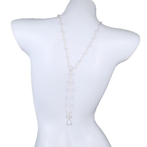 Gold Pearl Back Drop Necklace for Women Long Lariat Y Back Chain with Teardrop Pendant Bridal Wedding Backdrop Body Jewelry for Backless Dress