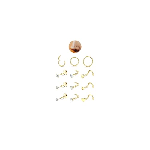 JeryWe 12PCS Nose Rings for Women - Gold Plated Hypoallergenic Surgical Steel Nose Rings Hoops Lip Septum Clicker Ring CZ Screw L Shaped Studs Threadless Flat Back Stud Nostril Piercing Jewelry - color: Gold Tone- Heart CZ