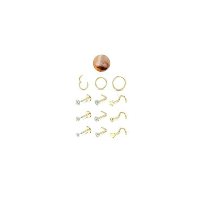JeryWe 12PCS Nose Rings for Women - Gold Plated Hypoallergenic Surgical Steel Nose Rings Hoops Lip Septum Clicker Ring CZ Screw L Shaped Studs Threadless Flat Back Stud Nostril Piercing Jewelry - color: Gold Tone- Heart CZ