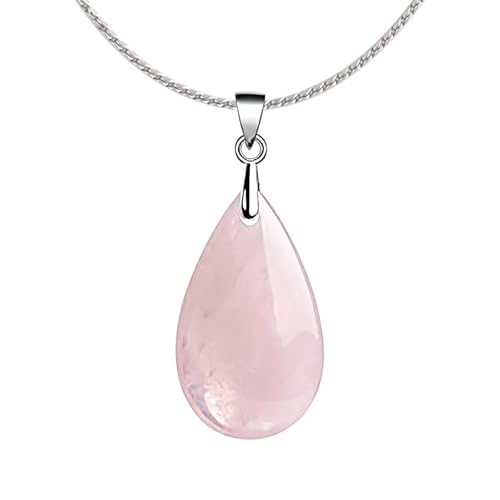 Natural Stone Teardrop Pendant Necklace, Birthstone Water Drop Gemstone Necklace with Stainless Steel Chain for Women - color: Rose Quartz