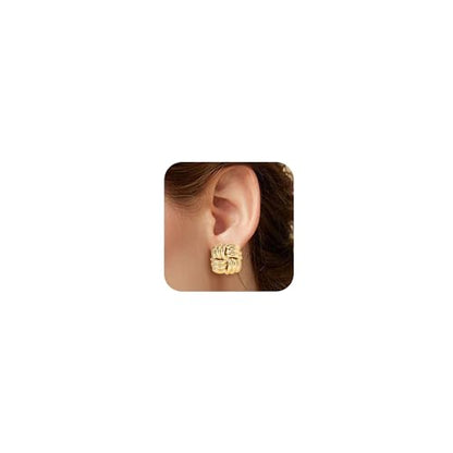 REELMAR Chunky Geometric Clip On Earrings for Women Trendy Gold-Plated Thick Hammered Rectangle Dupes Earrings Minimalist Statement Earrings No Piercing Clips - color: Gold-Square