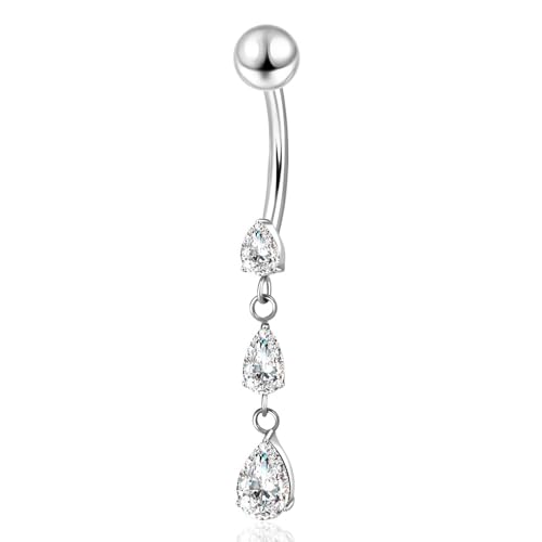 Gold Belly Button Ring, Titanium Dangle Floating Navel Piercing Jewelry - color: Silver-Dangle-10mm