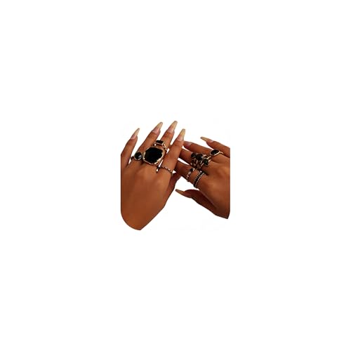 Chunky Gold Rings for Women Non Tarnish, Baroque Pearl Flower Tiger's Eye Stone Rings Adjustable Stacking Statement Rings Set Fashion Jewelry Gifts - style: All Black Set
