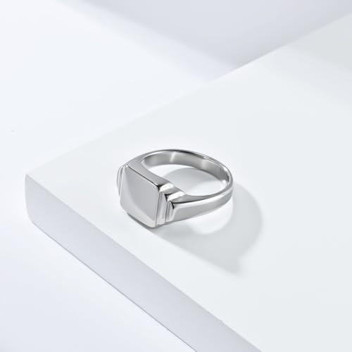 PAURO Unisex Square Shaped Signet Ring Geometric Style | Stainless Steel Square-shaped Signet Style for Men Women,Classical Simple Plain Wedding Engagement Statement Ring - color: Silver