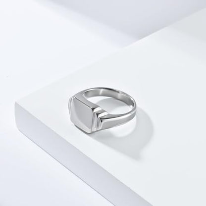 PAURO Unisex Square Shaped Signet Ring Geometric Style | Stainless Steel Square-shaped Signet Style for Men Women,Classical Simple Plain Wedding Engagement Statement Ring - color: Silver