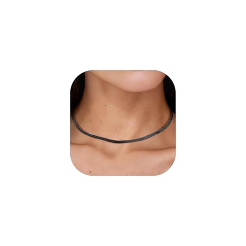 PROSTEEL 3mm/5mm Herringbone Choker Necklace for Women, 12.5"/15"/18", Stainless Steel/Sterling Silver Flat Snake Chain in Silver/Yellow Gold/Rose Gold/Black, Come with Box - color: 3mm-Black Plated, size: 12.5 Inch