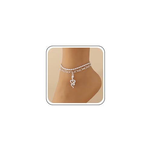 Boho Layered Snake Anklet Bracelet Gold Snake Dangle Ankle Bracelets Chunky Paperclip Chain Anklet Punk Double Layer Anklets Foot Chain Jewelry for Women - color: Silver