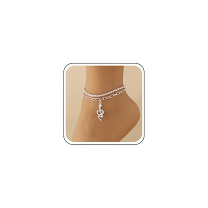 Boho Layered Snake Anklet Bracelet Gold Snake Dangle Ankle Bracelets Chunky Paperclip Chain Anklet Punk Double Layer Anklets Foot Chain Jewelry for Women - color: Silver