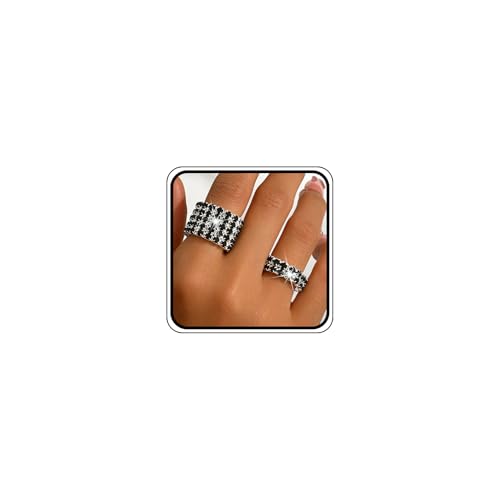 Fashion Silver Bling Rhinestone Crystal Stretch Rings Set for Women | Sparkly Rhinestone Elastic Finger Nail Ring Glitter Stretchy Stack Statement Knuckle Rings Cocktail Jewelry Accessories Pack - color: Black-1