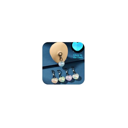 QWALIT 5pairs Glow in Dark Fake Nipple Piercing Fake Nipple Rings Adjustable Heart Elastic Nooses Silicone Cute Pearl Silver non-Piercing Faux Body Jewelry for Women Comfortable Valentine's Day