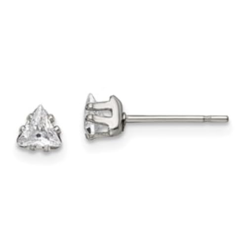 Stainless Steel Polished 4mm Triangle Cubic Zirconia Stud Earrings | Length- 0.18 in Width-0.18 in
