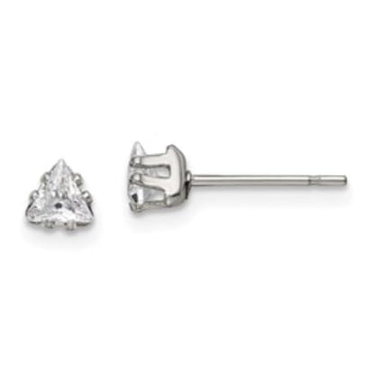 Stainless Steel Polished 4mm Triangle Cubic Zirconia Stud Earrings | Length- 0.18 in Width-0.18 in