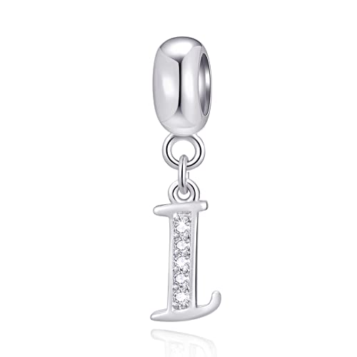 26 Letter Pendant Charms, Polished 925 Sterling Silver Complete Initial A-Z Dangling CZ Stone Alphabet Beads, fits European Bracelet Necklace, Gift for Mother/Father/Daughter/Son/Sister/Aunt - color: Letter I CZ Pendant Charm