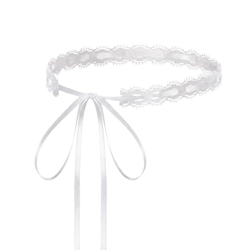 InnoHHustle Vintage Hollow Lace Choker Necklace, 2 PCS Black Tulle Lace Necklaces Long Satin Tail Tie Up Choker Necklaces Bow Tie Up Necklace for Striking Gothic Knot Prom Trendy Accessory Gifts - color: White