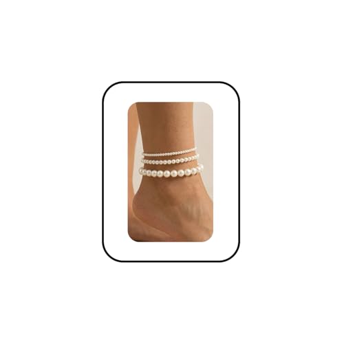 3 Layered Pearl Anklet Chain Set for Women Dainty White Stretch Pearl Beaded Ankle Bracelets Chain Vintage Stacked Pearls Anklets Chains Elegant Summer Beach Fashion Jewelry Accessaries - color: White