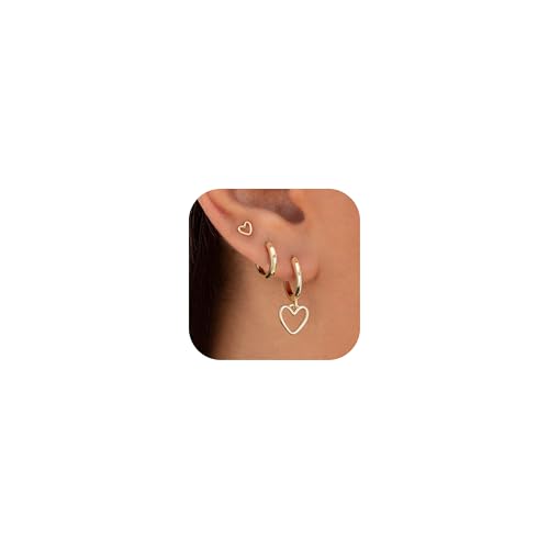 3 Pairs Earring Stacks, Gold Earring Set Jewelry Gift for Women | Small, 14K Gold/White Gold/Black/Rose Gold Plated, Hypoallergenic, Her, Everday, Stackable, Simple, 3 Holes - color: Gold-Open Heart