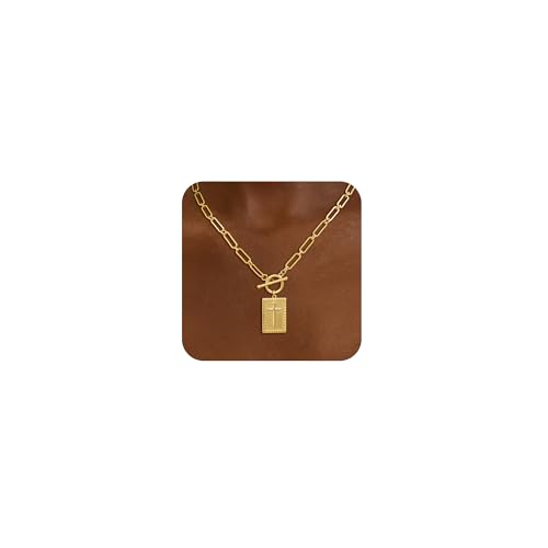 Freekiss 3-Piece Layered Toggle Necklace for Women | Gold/Silver necklace set with herringbone, rope, and paperclip chains plus a toggle clasp for layering, parties, and gifts - color: Gold Cross Necklace