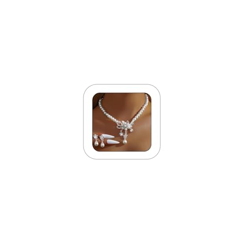Pearl Necklace and Earring Set for Women,Pearl Jewelry Set Fake Pearls Necklace Imitation Beaded Collar de Perlas Para Mujer Necklaces for Prom Bridesmaid Costume Accessories - color: C-Silver Flower