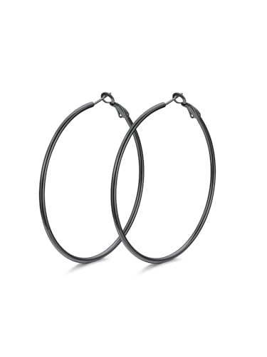 FindChic Thin Hoop Earrings for Women,Silver/Black/Gold Plated 20-100mm - color: Black, size: 60mm