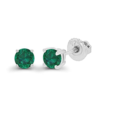 14K Gold Plated 925 Sterling Silver Hypoallergenic 4mm Round Genuine Birthstone Solitaire Screwback Stud Earrings - color: Emerald Created