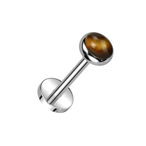 Pierced Owl 18GA ASTM F-136 Implant Grade Titanium Threadless Push-In Bezel Set Natural Stone Flat Back Stud - style: Tiger's Eye