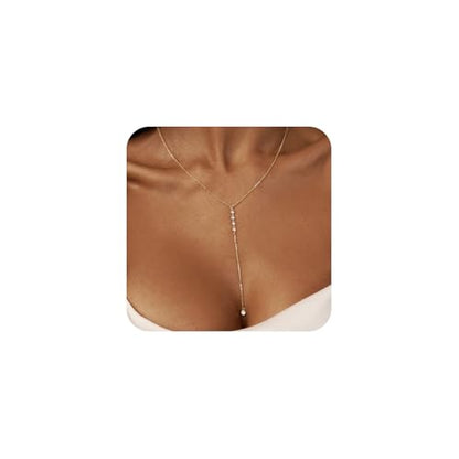 LULII Gold Necklace for Women Trendy Lariat Y Necklace Dainty 14k Gold Plated/Silver Long Necklaces for Women Layered Beaded Drop Necklaces Simple Y-Shaped Chain Jewelry Gifts - color: Y CZ Diamond Chain-Gold