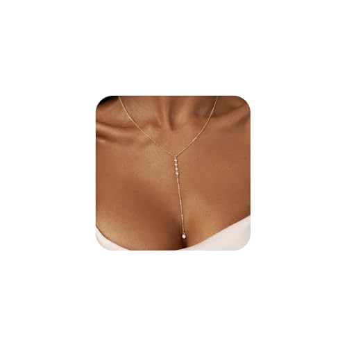 LULII Gold Necklace for Women Trendy Lariat Y Necklace Dainty 14k Gold Plated/Silver Long Necklaces for Women Layered Beaded Drop Necklaces Simple Y-Shaped Chain Jewelry Gifts - color: Y CZ Diamond Chain-Gold