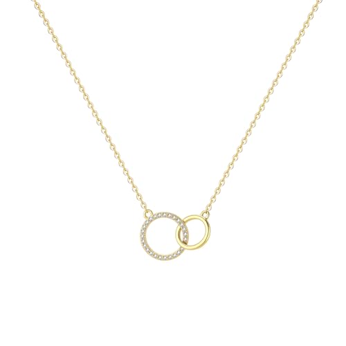 Gold Necklace for Women, 14K Gold Plated Cubic Zirconia Pendant Necklace, Dainty Heart Moon Circle Paperclip Jewelry for Layering, Everyday Birthday Gift - color: Gold Interlocking Circle