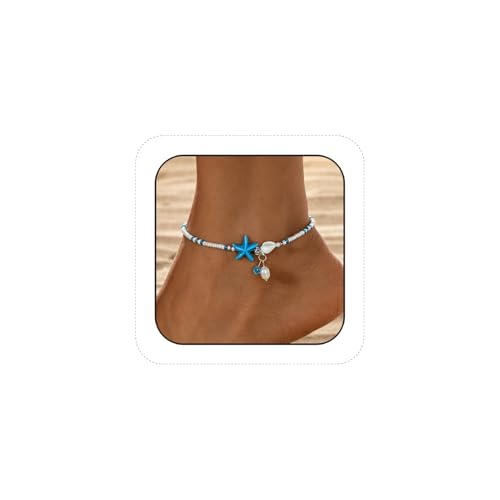 Beaded Ankle Bracelets for Women Boho Starfish Shell Pearl Beaded Ankle Bracelets Stacked Strench Silver Ankle Bracelet Non Tarnish Adjustable Hawaiian Summer Beach Surfer Foot Jewelry - color: Blue