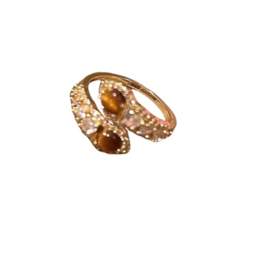 Tiger's Eye & Crystal Stackable Open Ring Adjustable Gold Tone Boho Statement Rings for Women - color: Gold 03